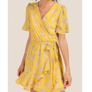 Francesca’s yellow floral wrap dress 🌼
